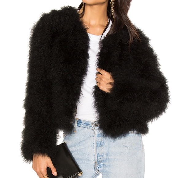 AIYA Jackets & Blazers - AIYA Ostrich Fur Feather Cropped Open Front Jacket Black